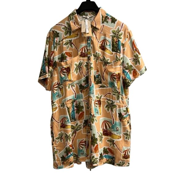 Label Of Love Romper Womens L‎ Peach Linen Blend Tropical Print Vacation Beach - Picture 1 of 11